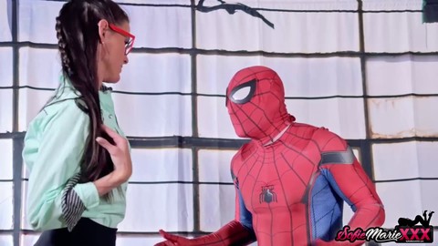 Insatiable aunt-in-law Sofie Marie gives Spiderman a deepthroat blowjob he won't forget!