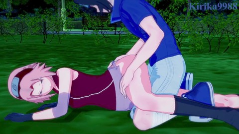 Naruto characters Sakura Haruno and Sasuke Uchiha engage in steamy park sex at night - anime XXX