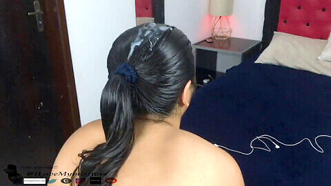 Oiled hair braid, latina hair pulling, indian braid